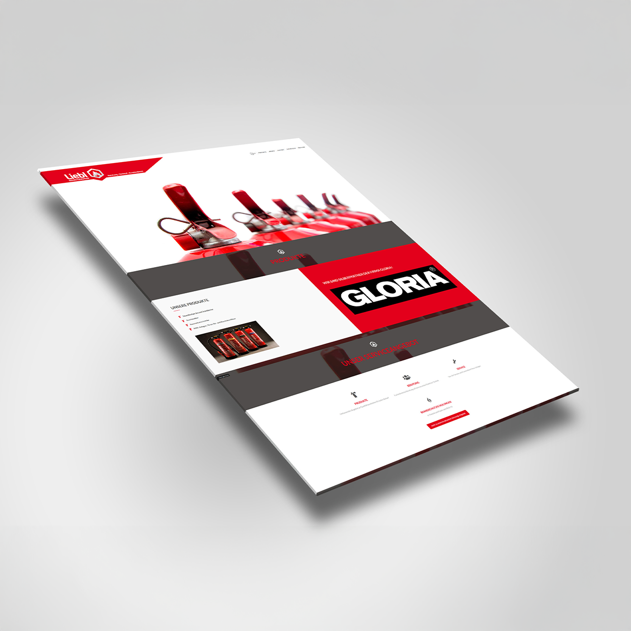 Perspektivische Ansicht eines übersichtlichen Webdesigns für einen One-Pager.