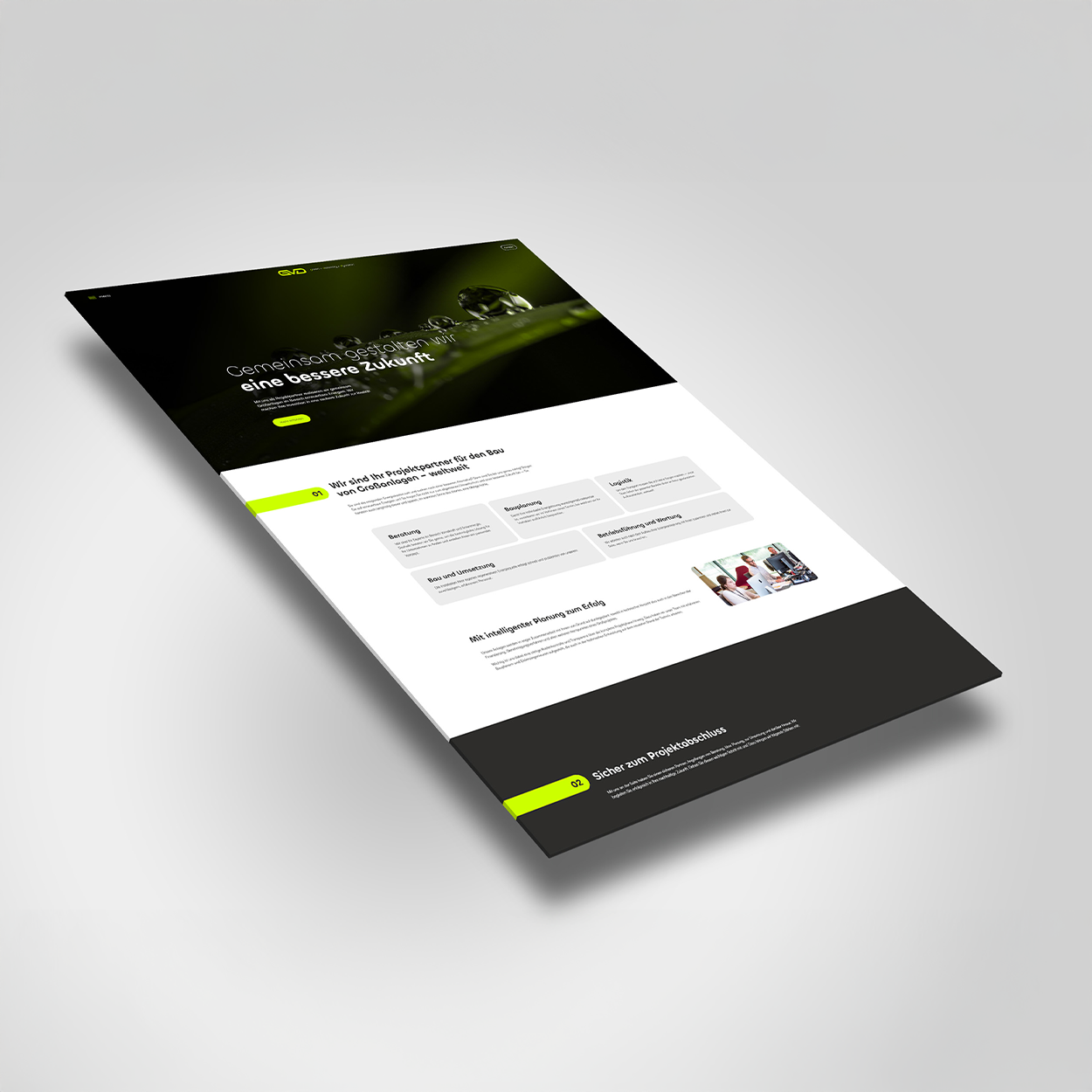 Perspektivische Ansicht eines modernen und eleganten Webdesigns für einen One-Pager.