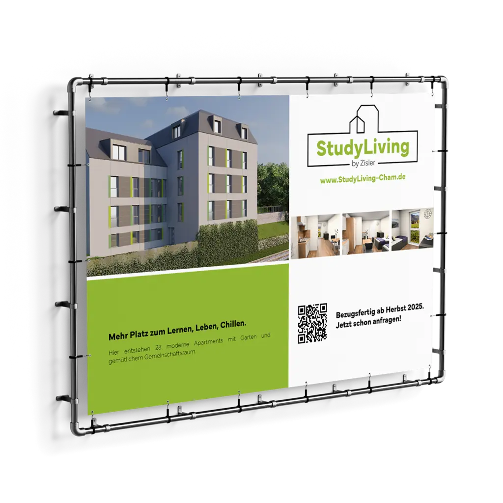 Großformatige Bauzaunbanner als plakative Werbefläche auf der Baustelle oder Festen.